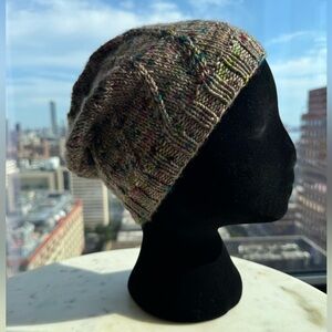Handcrafted Knit Spiral Slouchy Hat - Grey and Rainbow Marled
